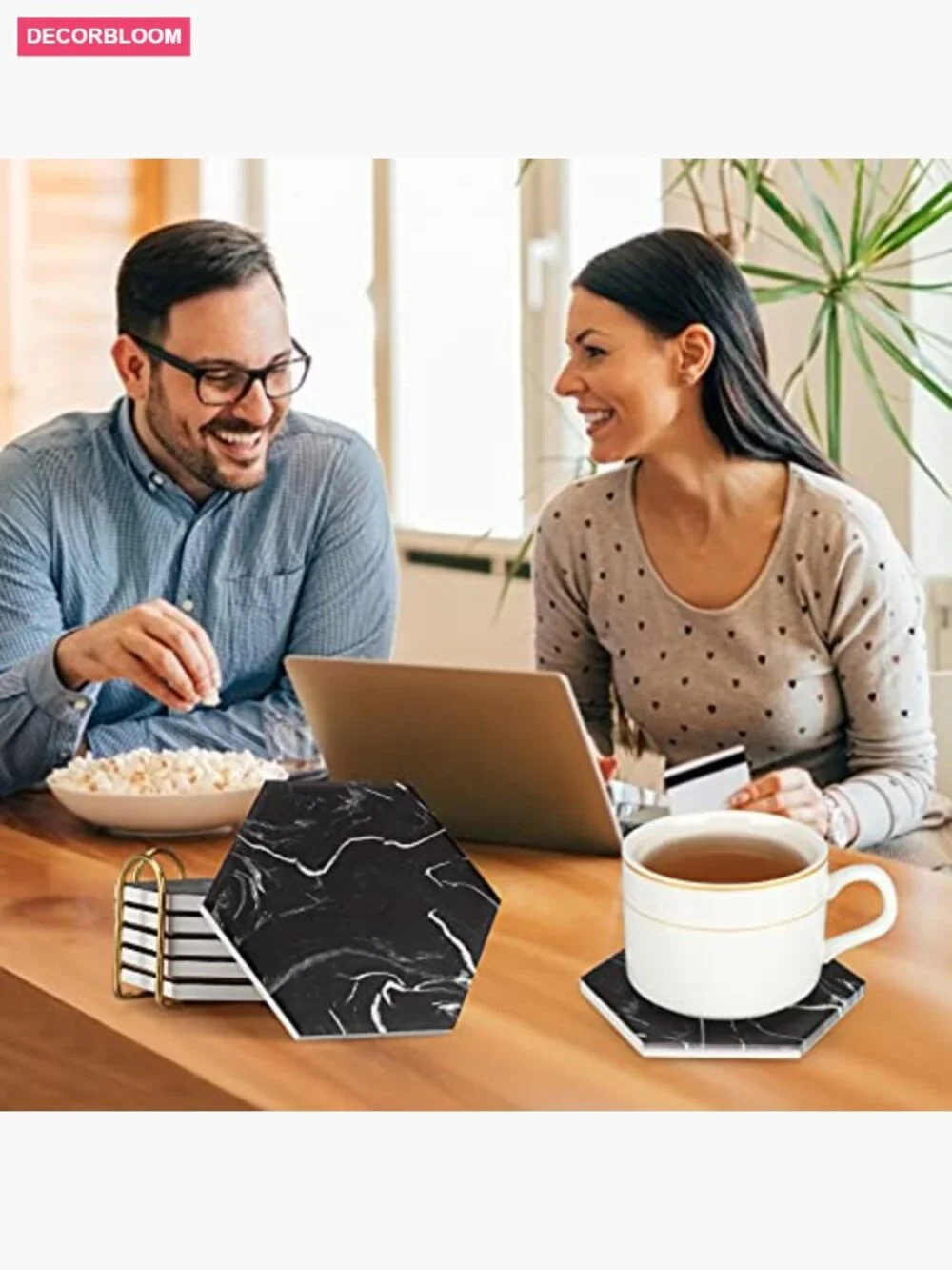 Hexagon Coaster Set with Holder - Absorbent Stone 6 Pack